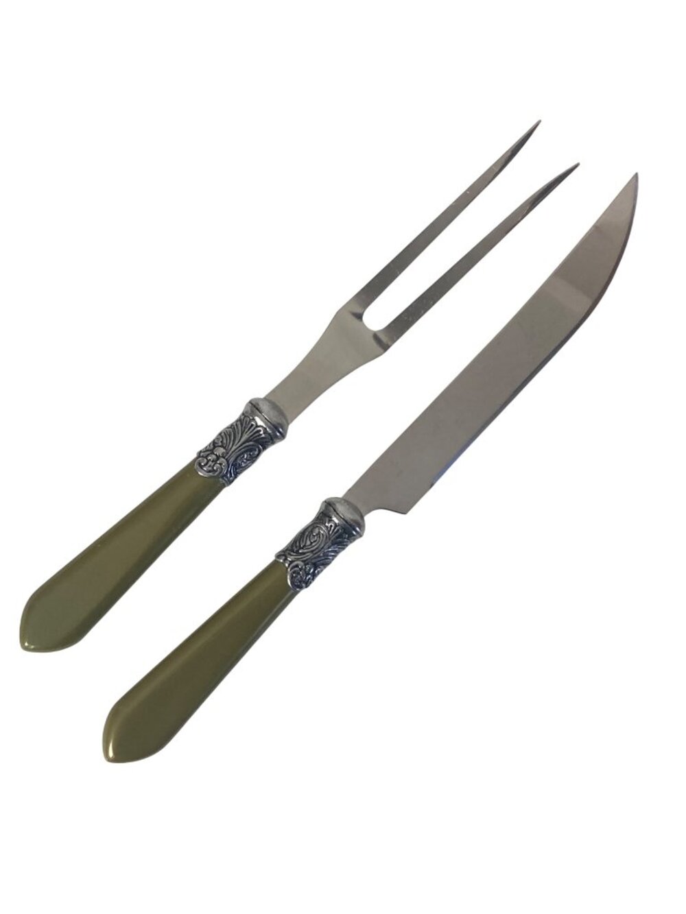 Vintage Le Baroque Carving Knife & Fork Set Green Handles Stainless Steel